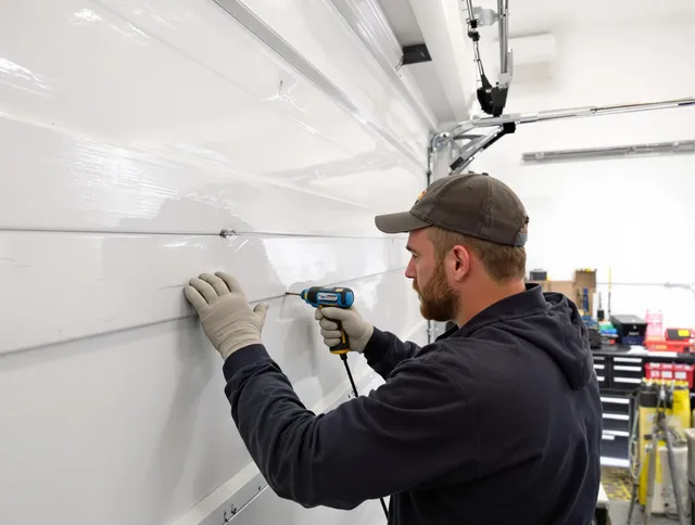 Coconut Creek Garage Door Repair technician demonstrating precision dent removal techniques on a Coconut Creek garage door