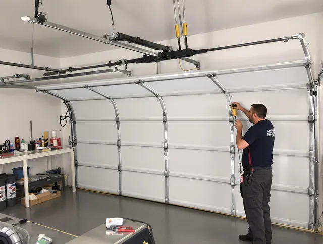 Coconut Creek Garage Door Repair certified technician performing overhead door system repair in Coconut Creek