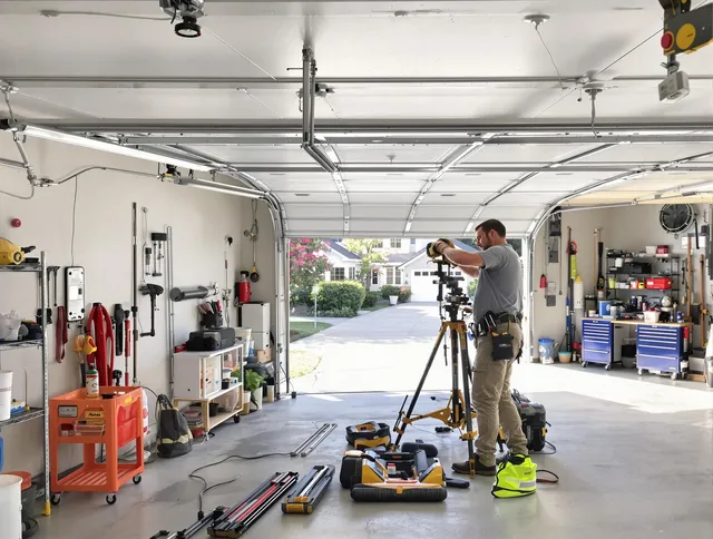 Coconut Creek Garage Door Repair specialist performing laser-guided track alignment in Coconut Creek
